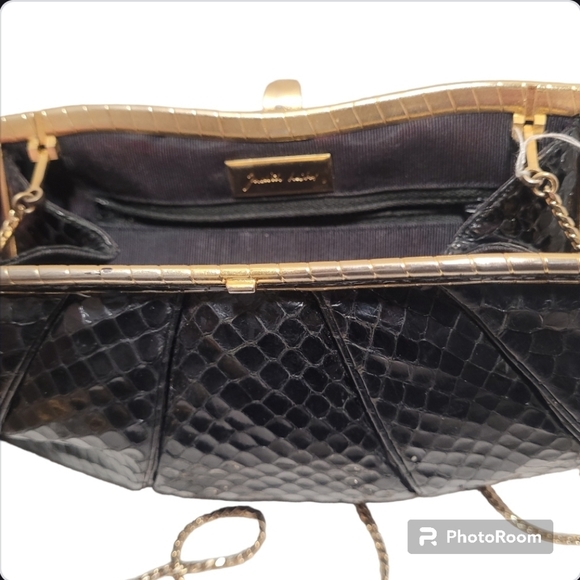 Vintage Judith Leiber 80's designer black snakeskin clutch gemstone clasp - Picture 3 of 8